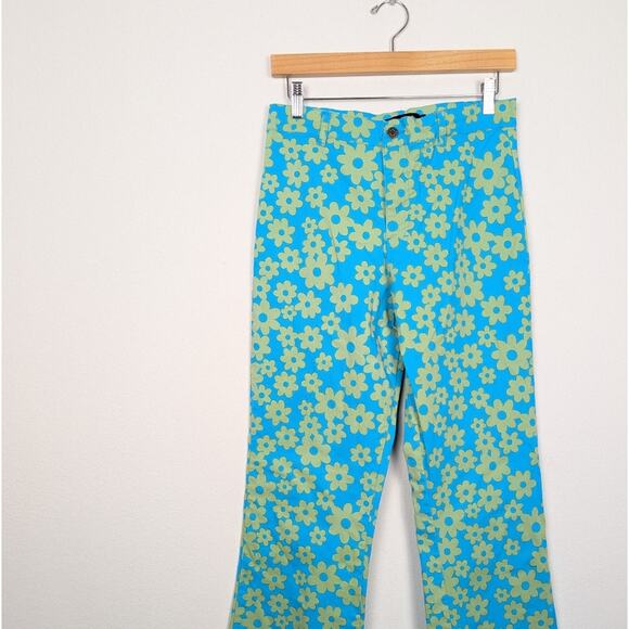 Motel Zoven Blue & Green Retro Daisy Print Flared Trousers Size M - Picture 4 of 11